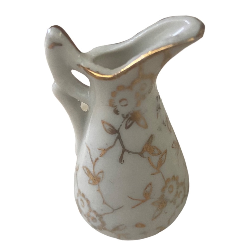 Vintage ceramic Enesco small gold accent mini pitcher  tiny bud vase 1950s